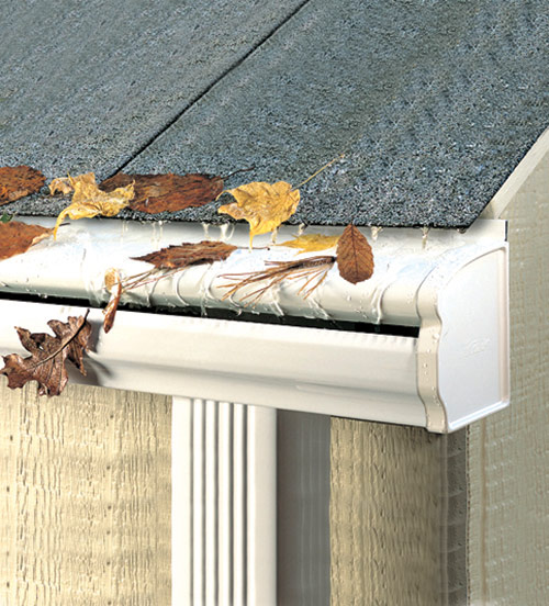 Seamless gutter shown keeping leaves out of gutter.