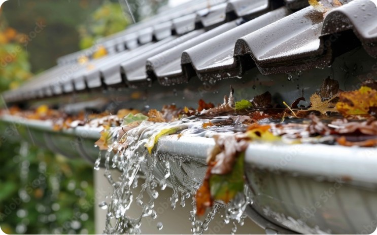 Gutters filled with leaves and water